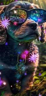 Puppy with sunglasses in a fantasy forest setting, surrounded by flowers.