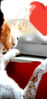 Cute puppy gazes out the window with a red heart background.