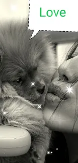 Black and white image of a woman kissing a fluffy puppy labeled 'Love'.