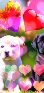 Two puppies with colorful hearts in a green background.