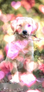 Golden retriever puppy with heart bokeh effect.