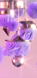 Purple abstract art with geometric shapes and shiny textures.