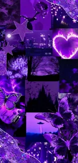 A vibrant purple collage with stars and butterflies for mobile wallpaper.