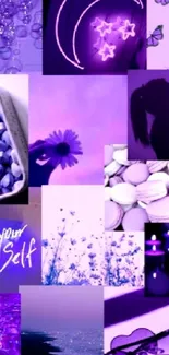 Purple collage mobile wallpaper with aesthetic elements and vibrant purple hues.