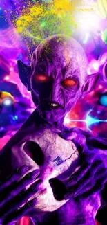 Purple alien holding a skull in a vibrant cosmic scene with fantasy elements.