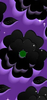 Black flowers on a vibrant purple background with leaf accents.