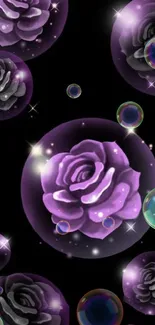 Mobile wallpaper of purple and black roses in glowing bubbles on a dark background.