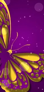 Purple and gold butterfly art on mobile wallpaper.