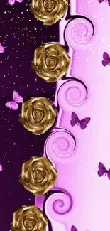 Purple and gold wallpaper with roses and butterflies.