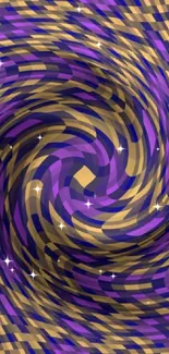 Hypnotic purple and gold spiral pattern wallpaper for mobile.