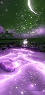 Purple cosmic beach with starry green sky and crescent moon.