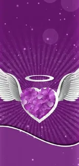 Purple heart with wings and halo on vibrant background.