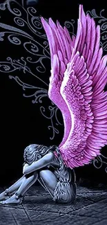 Vibrant purple angel wings on a dark background.