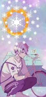 Anime character with bike in purple pastel background and snowflake designs.