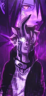 Anime character with purple and glowing eyes in a dramatic scene.