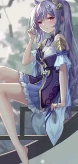 Beautiful anime character with purple hair sitting elegantly in a fantasy setting.