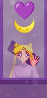 Anime character with purple theme, moon and heart symbols.