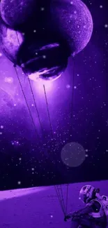 Astronaut with planetary balloons in purple space fantasy landscape.