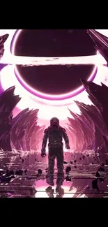 Astronaut in a surreal purple space landscape with a dark planet in the sky.