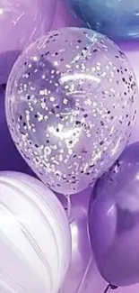 Purple balloons with metallic and confetti details.