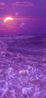 Purple sunset beach wallpaper with crescent moon and waves.