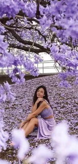 Woman sitting amidst vibrant purple flowers in serene natural setting.