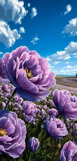 Purple blossoms in a field under a bright blue sky with clouds.