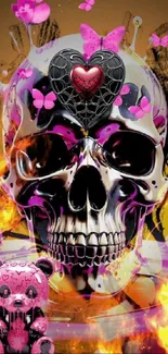 Skull with heart and pink butterflies, vibrant digital art wallpaper.