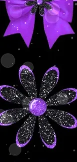 Purple and black wallpaper with bow and sparkling flower.