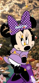 Cartoon character with purple bow in scenic background.