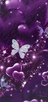 Purple wallpaper with butterflies and hearts.