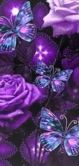 Purple roses and butterflies design with vibrant hues.