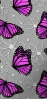 Purple butterflies with gray floral pattern wallpaper.