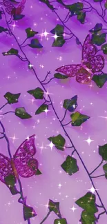 Purple butterfly and ivy wallpaper with a magical sparkle effect.