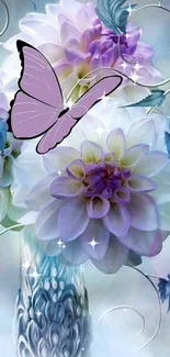 Purple butterfly with flowers wallpaper art.