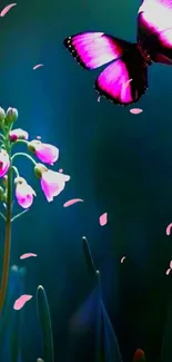 Purple butterfly with pink flowers on a blue background wallpaper.