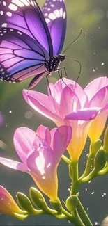 Purple butterfly resting on vibrant pink flowers.