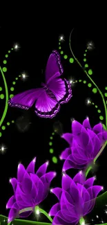 Purple butterfly with neon green accents and flowers on a dark background.