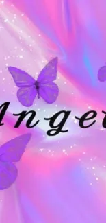 Purple butterfly angel wallpaper with shimmering pink background.