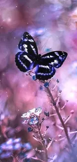 Beautiful purple butterfly on a flower in a serene natural scene.