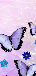 Purple butterflies and blue flowers on pink background for mobile wallpaper.