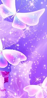 Beautiful purple butterfly and flowers wallpaper with sparkles.