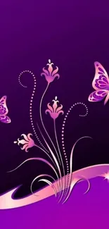 Purple wallpaper with butterflies and floral design.