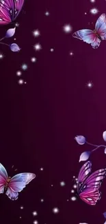 Purple butterfly wallpaper with flowers and stars.