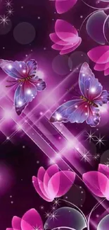 Purple butterflies and pink flowers wallpaper with dark background.