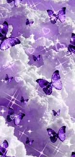 Purple butterflies fluttering among dreamy clouds with sparkles in a fantasy sky.