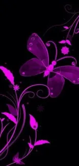 Purple butterfly on dark floral background wallpaper.