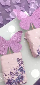 Purple butterfly pastries with decorative frosting on a stylish backdrop.