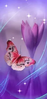 Purple flower and butterfly with light swirls.