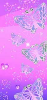 Purple wallpaper with butterflies, hearts, and stars.